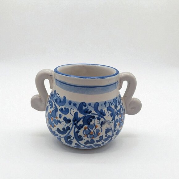 Hand-Painted Italian Pottery Sugar Bowl With Dual Handles & Blue Floral Design - Picture 1 of 9